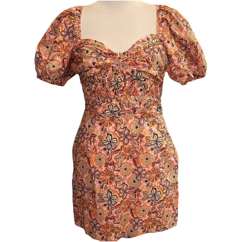Sam Edelman Women's Erica Dress L Pink Floral Pockets Zip Puff Sleeve Fall Boho